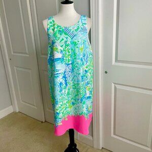 Sleeveless Tropical Print Shift Dress with Pink Hem